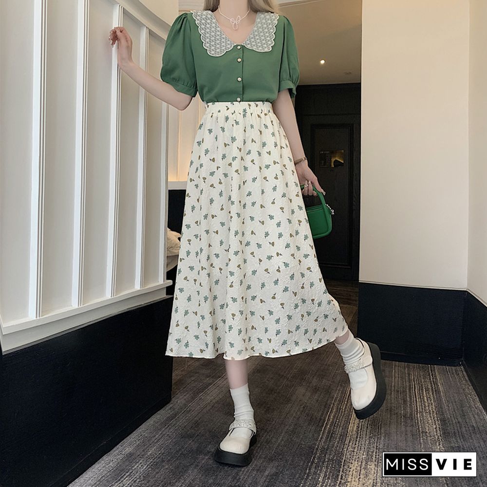 Chic Slim Women Floral Skirts Summer Vintage High Waist Elastic A-line Midi Skirts Female Casual Korean Elegant Sweet Clothing