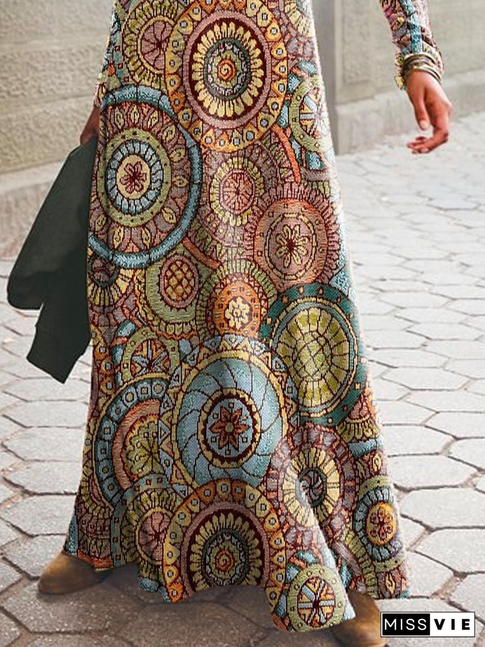 Ethnic Printed Long Sleeve Crew Neck Plus Size Casual Dresses