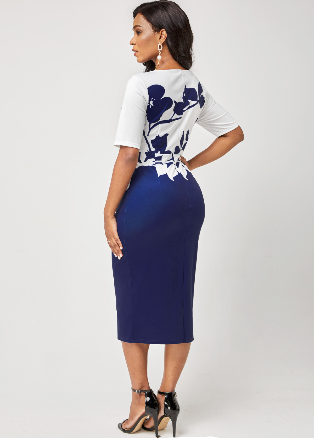 Color Block Leaf Print Round Neck Dress