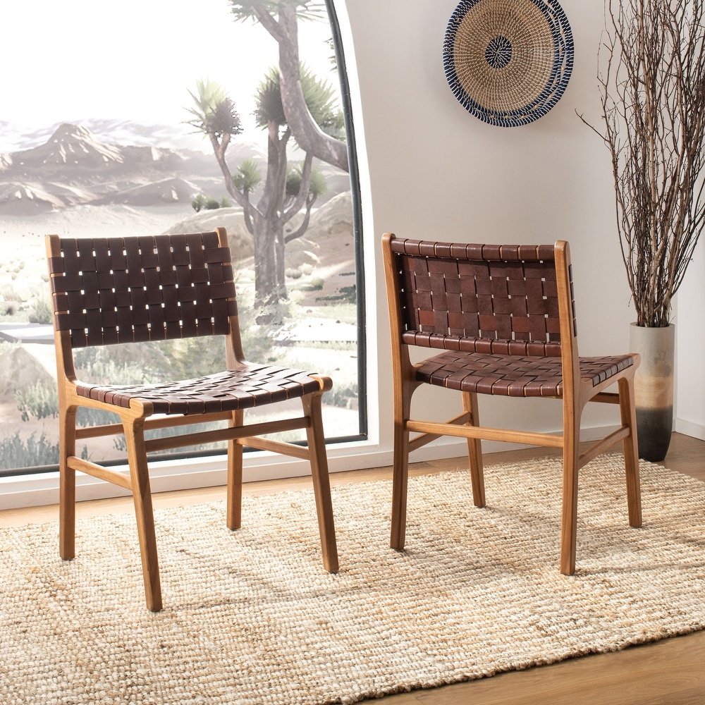 SAFAVIEH Taika Woven Leather Dining Chair   Cognac / Natural