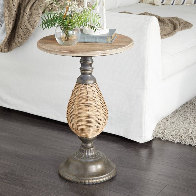 Farmhouse Metal Woven Pedestal Accent Table Brown Olivia amp May