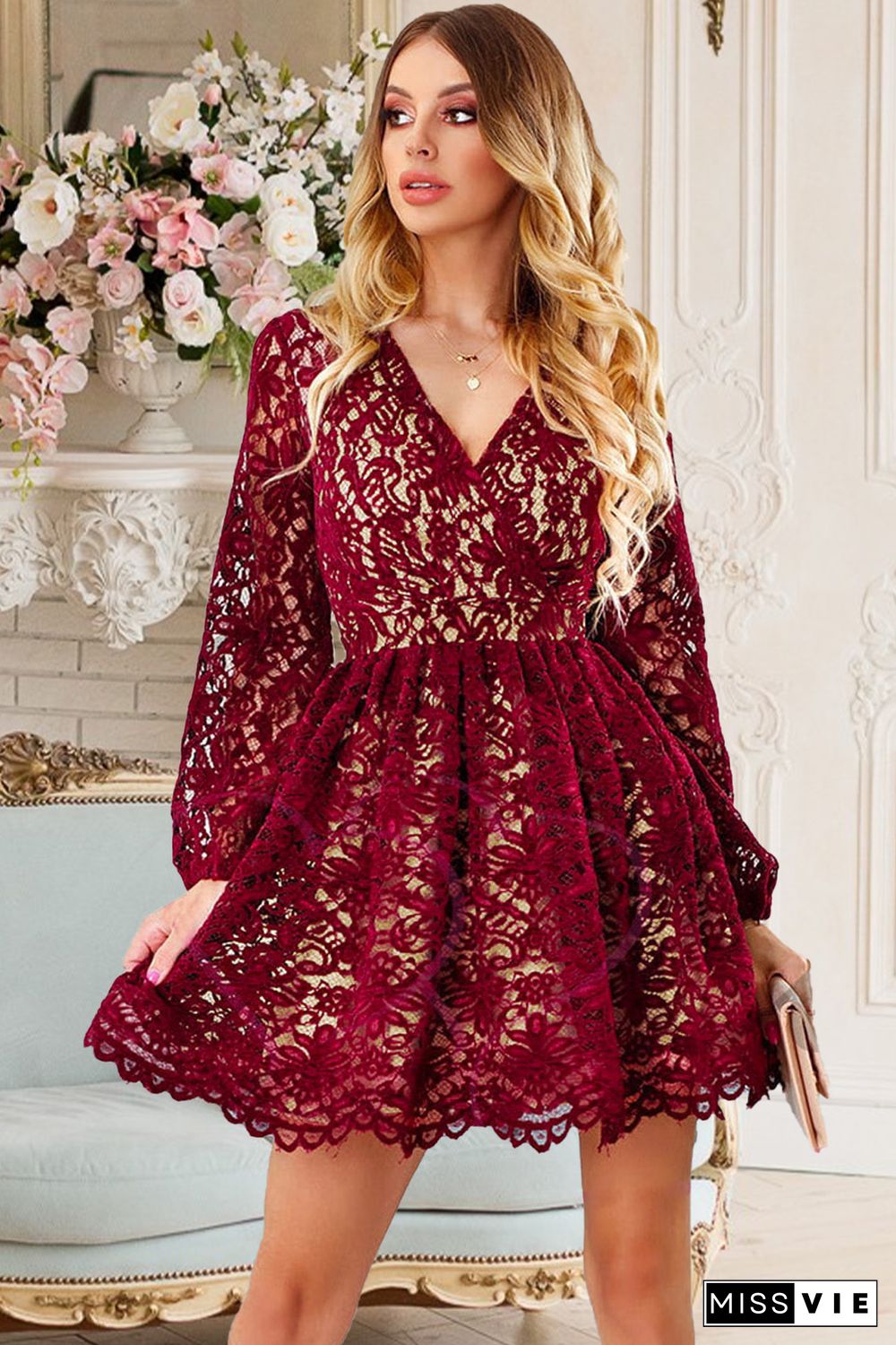 Wine Red V Neck Lace Skater Mini Dress