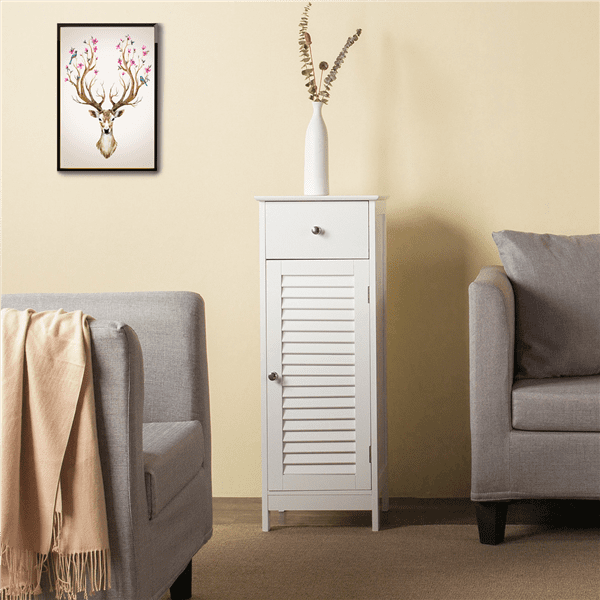 SmileMart Wooden Storage Floor Cabinet with Drawer and Single Shutter Door for Bathroom Living Room, White