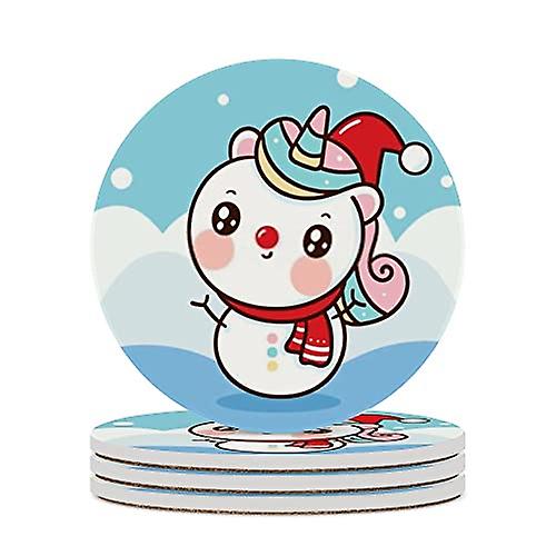 Round Drink Coasters 2 Pcs Cute Unicorn Snowman Absorbent Ceramic Coaster With Cork Base For Coffee Cups Housewarming Gift For Home Decor