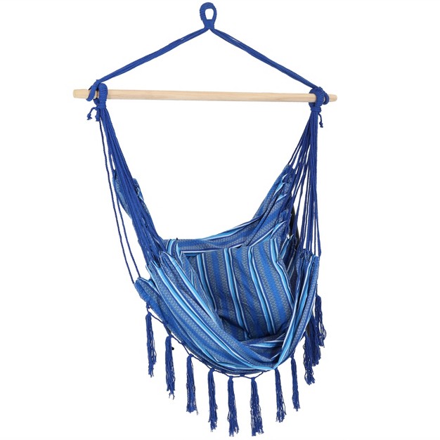 Sunnydaze Double Cushion Hanging Rope Hammock Chair Swing 265 Lb Weight Capacity Cornflower Stripes