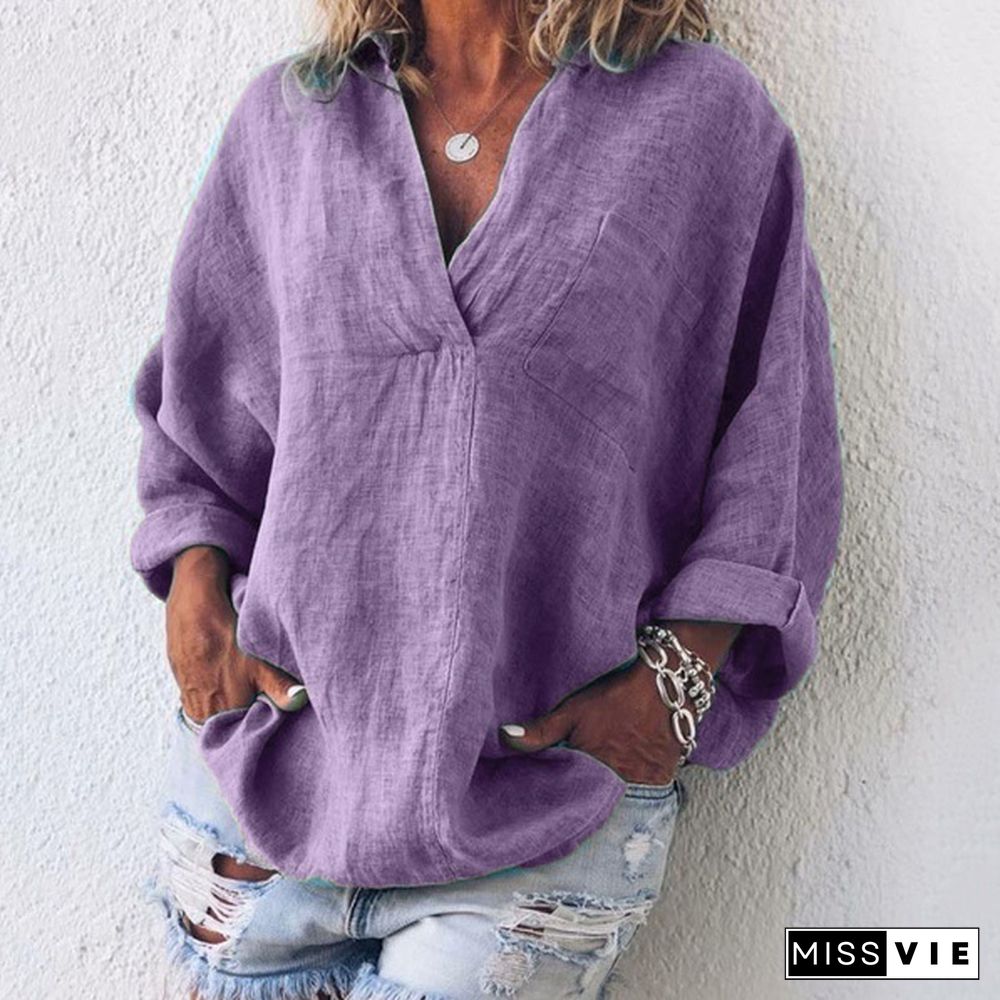 XS-8XL Autumn Tops Plus Size Fashion Clothes Women's Casual Long Sleeve Tee Shirts Deep V-neck Tunic Tops Ladies Blouses Pullover Loose T-shirts Solid Color Linen Blouses