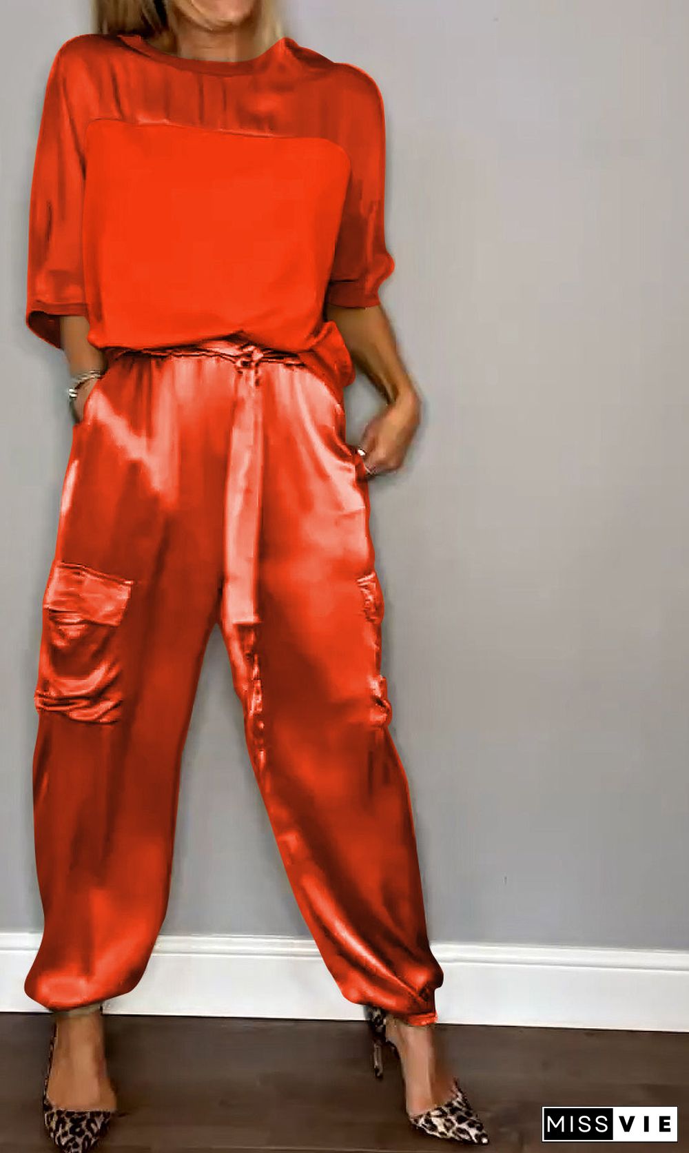 Women's Smooth Satin Half-sleeved Top and Pant Suit Two-piece