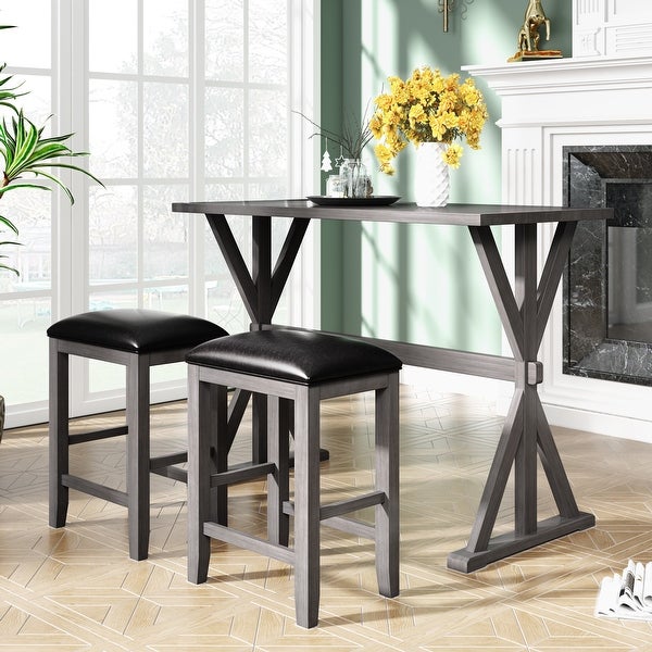 3-Piece Counter Height Wood Kitchen Dining Table Set with 2 Stools