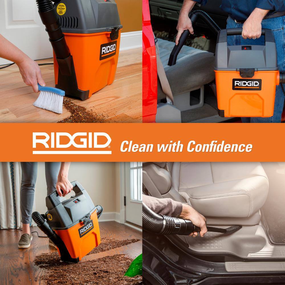 RIDGID 3 Gallon 3.5 Peak HP Portable WetDry Shop Vacuum with Built in Dust Pan LED Lighted Car Nozzle and Car Cleaning Kit WD3050C