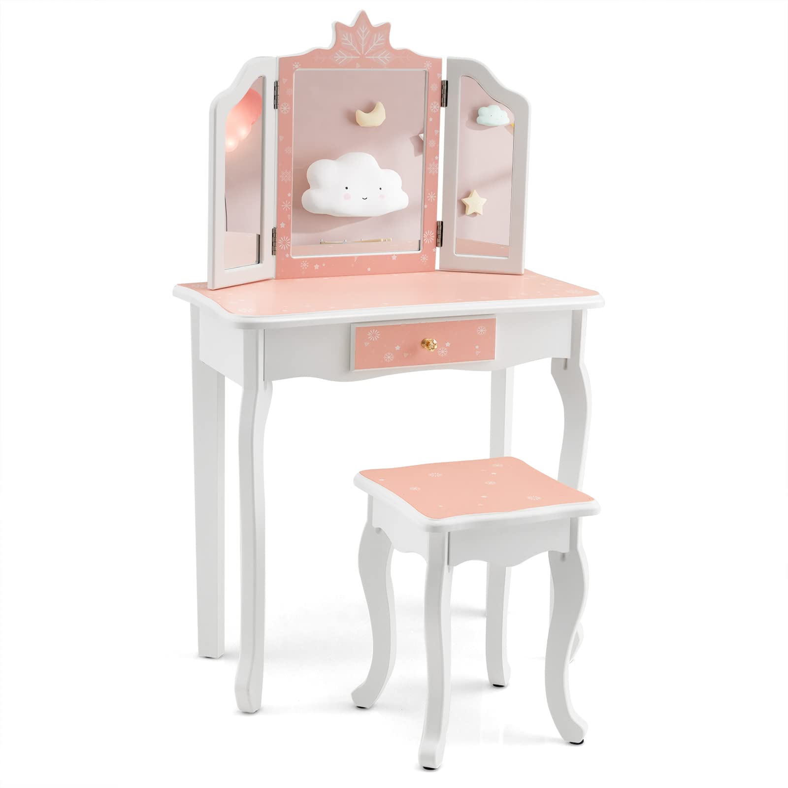 Costzon Kids Vanity Table and Chair Set, Girls Vanity Set with Mirror and Stool, Pretend Play Vanity Set for Little Girls