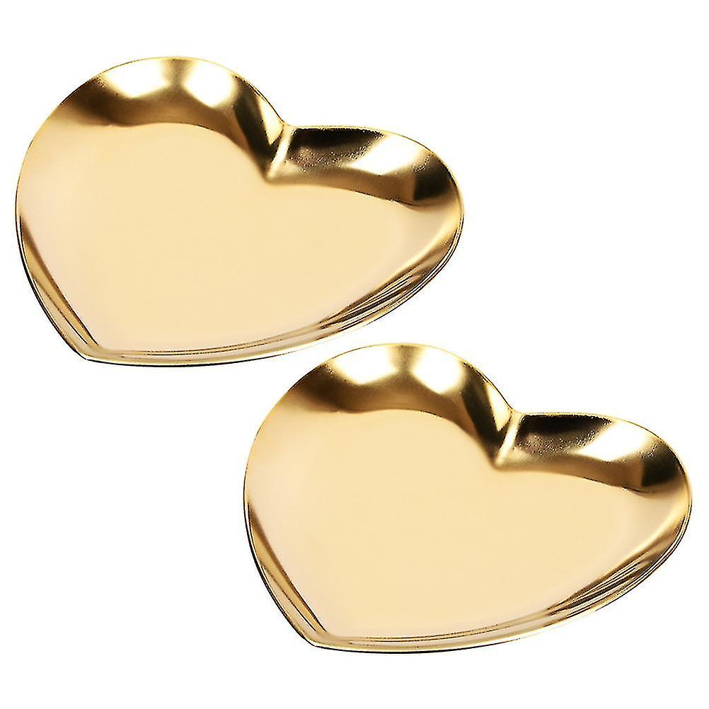 2pcs Heart Shape Jewelry Dish Decorative Trinket Tray Stainless Steel Display Plate For Home Shop Gift (golden)