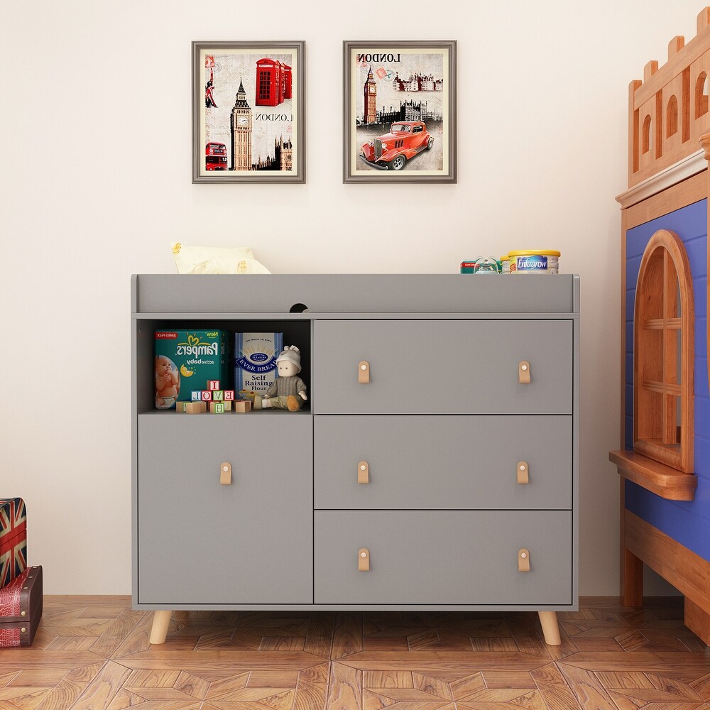 Baby Changing Table Dresser with 4 Drawers Shelf Hidden Trash Storage