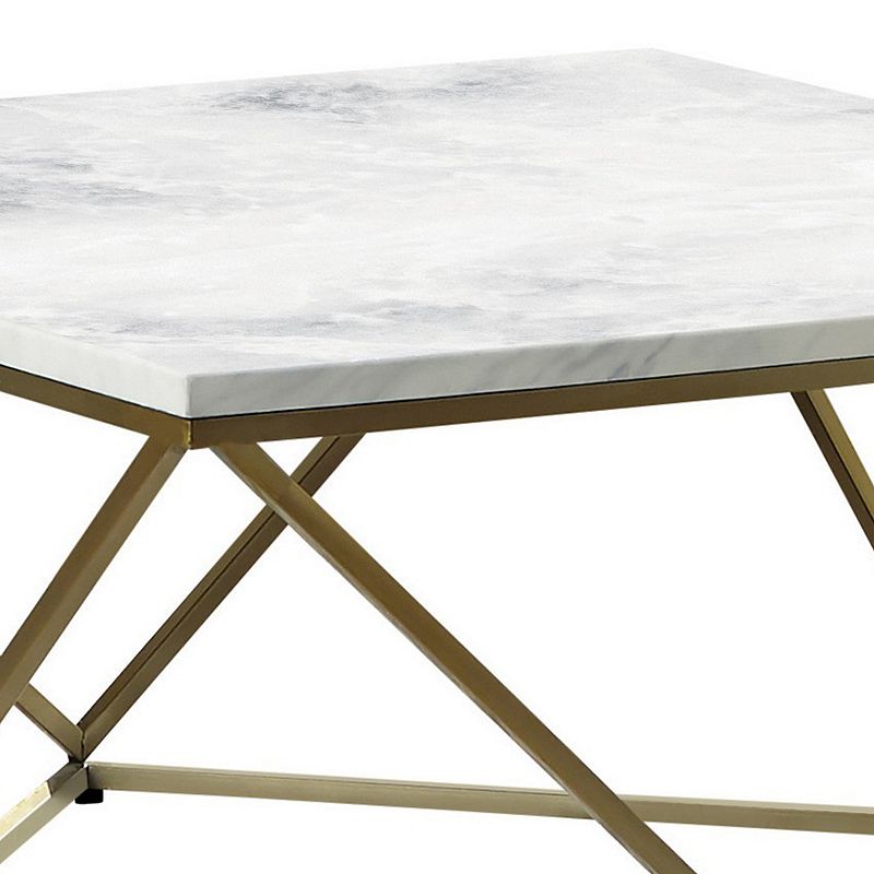 36 Inch Modern Square Coffee Table， White Faux Marble Top， Slender Gold Base