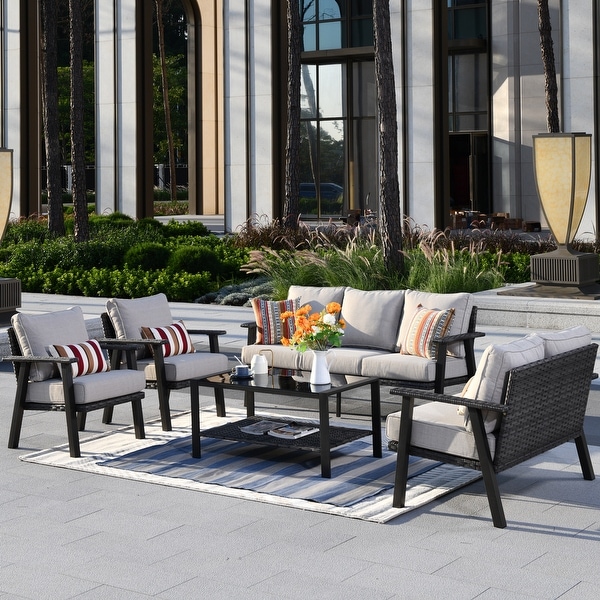 OVIOS 5piece Outdoor Steel Frame Ottoman Wicker Solid Pattern Cushion Sectional Set Glass Top Table