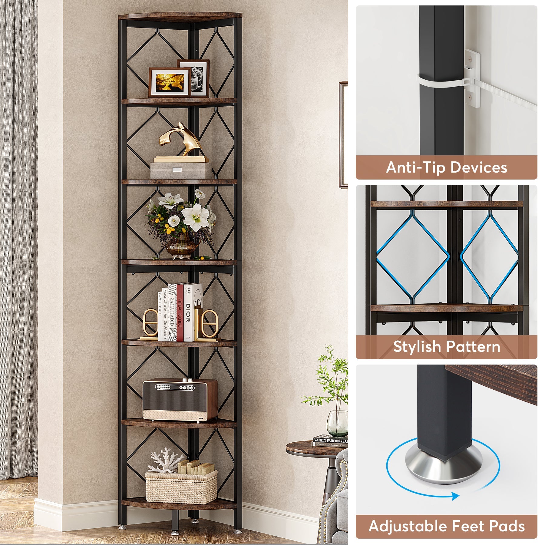 7-Tier Corner Shelf, 78.7 Corner Bookcase Slim Corner Storage Rack