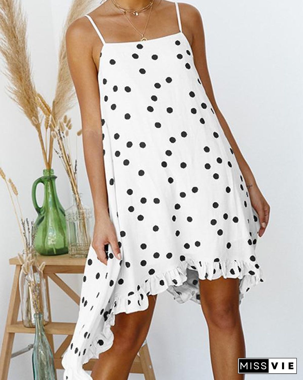 Women's Beach Chiffon Casual Polka Dot Spaghetti Strap Mini Dress