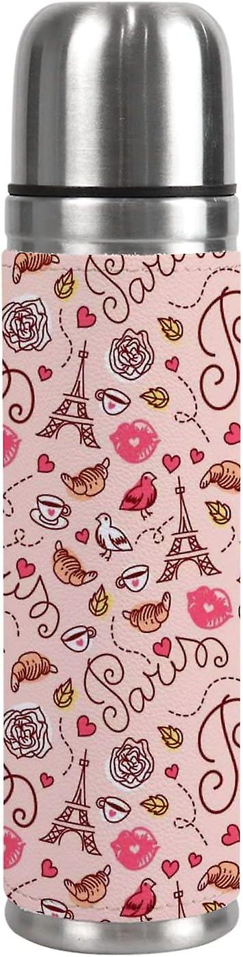 Insulated Mug Stainless Steel Water Bottle Croissant And Eiffel Tower Vacuum Cup Travel Mug For School Office