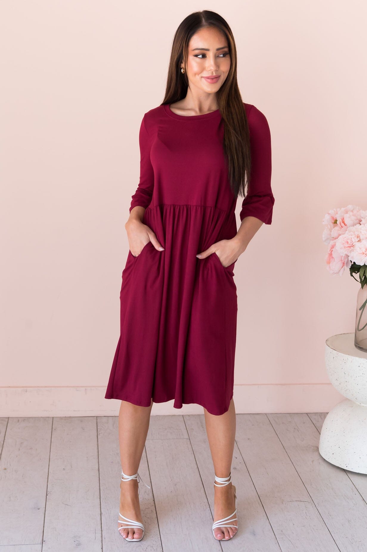 Zadie burgundy bell-sleeved crew neck gown