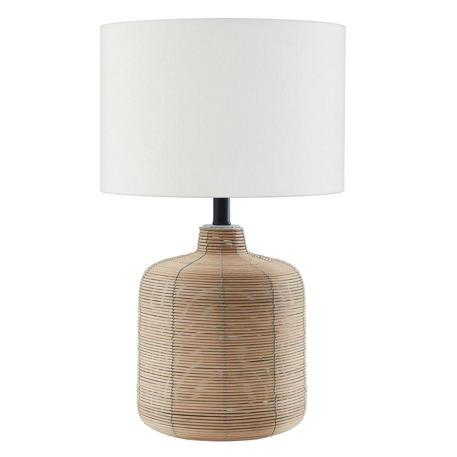 Modern Petite Rattan Table Lamp with Blackened Steel Accents