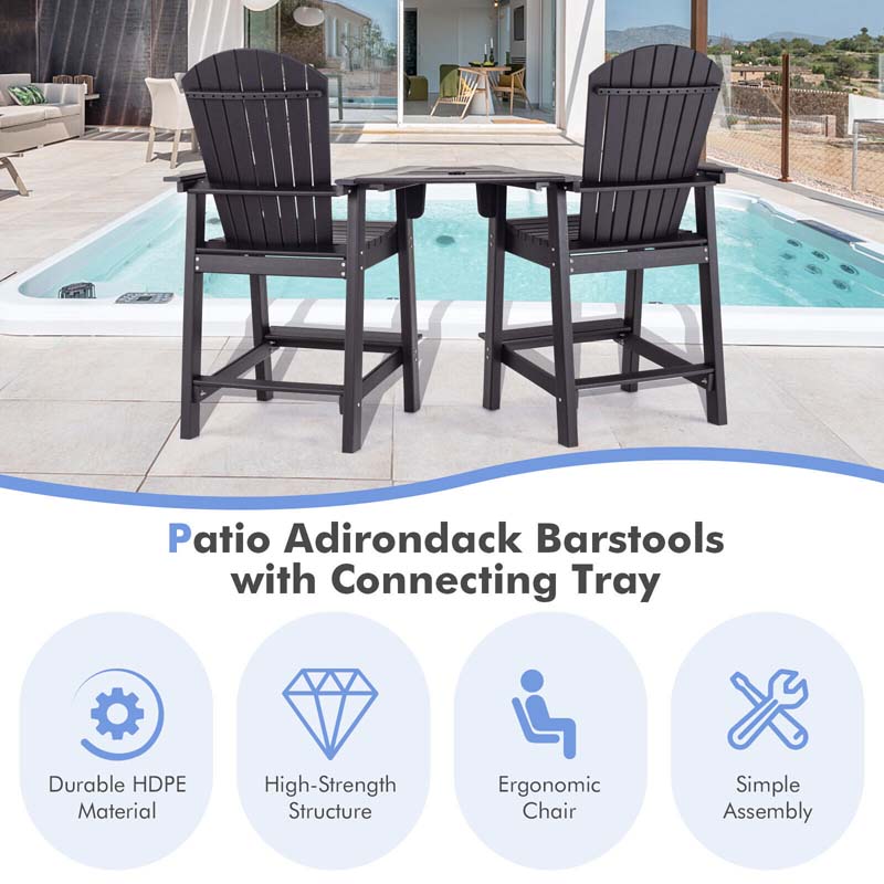 Set of 2 Tall Adirondack Chair, HDPE Adirondack Barstools with Middle Connecting Tray & Umbrella Hole