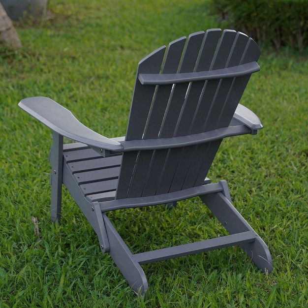 Merry Products Real Acacia Hardwood Flat Folding Adirondack Patio Chair With Tall Backrest Curved Seat And Wide Armrests Gray