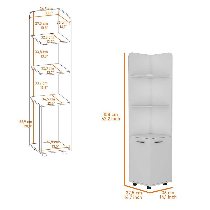 Sunriver Corner Shelf with Cabinet， 3-Tier Shelf， Metal Handles