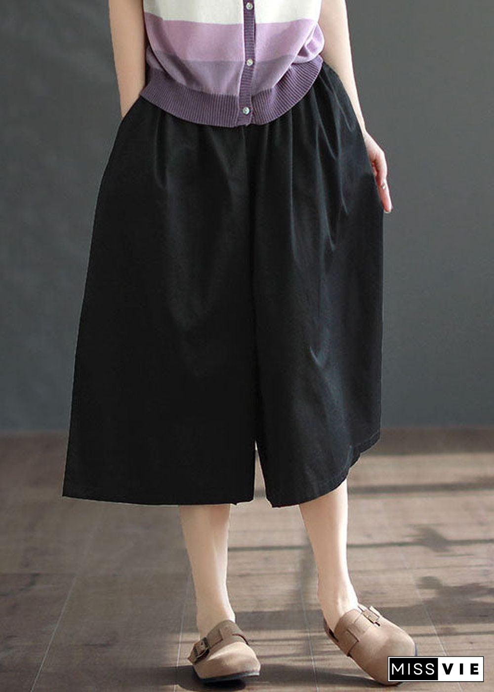 DIY Black Pockets Patchwork Cotton Wide Leg Crop Pants Summer