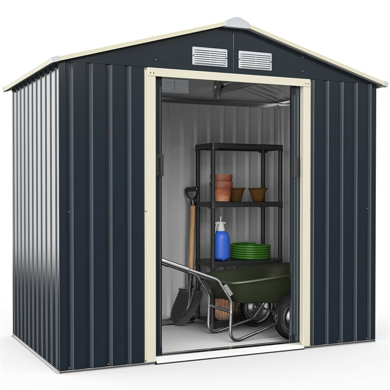 7 x 4 FT Outdoor Metal Storage Shed with 4 Air Vents & Sliding Double Lockable Doors, Backyard Tool Shed Garden Storage House