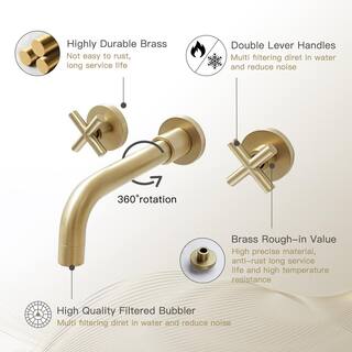 UPIKER Modern Double Handle Wall Mounted Bathroom Faucet with 3 Holes Brass Rough-in Valve in Brushed Gold UP2301SFG0001