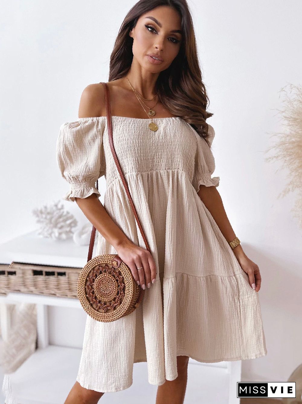 Women Sexy Backless Mini Dress Summer Fashion Lady Slash Neck White Puff Sleeve Big Swing Party Beach Dresses Casual Robe Femme