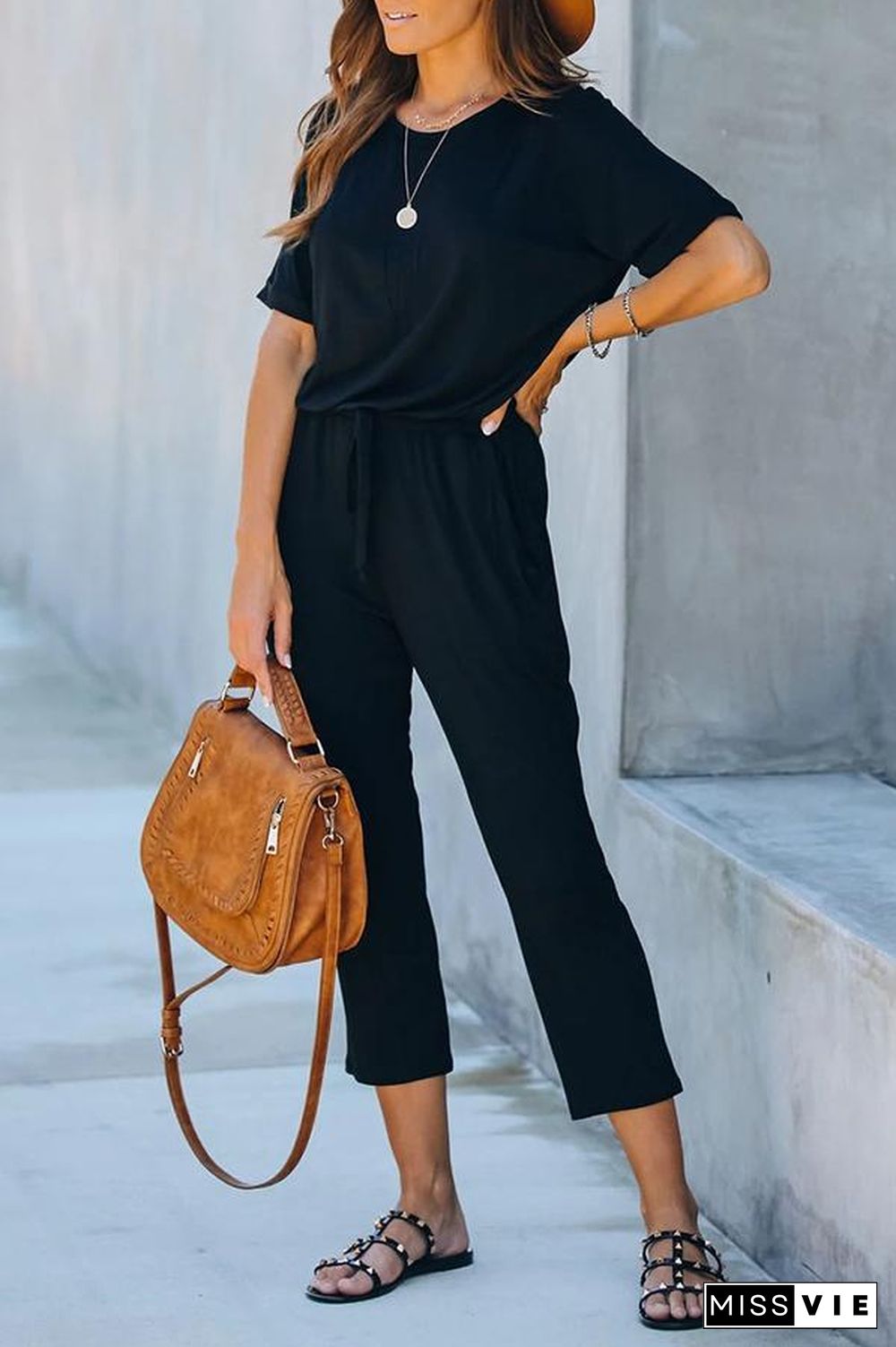 Short Sleeve Round Neck Casual Jumpsuit P14775