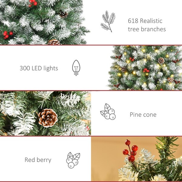 PreLit SnowDusted Artificial Christmas Tree with Realistic Branches，LED Lights，Pine Cones，Red Berries