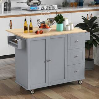 Polibi 52.7 in. W Dusty Blue Mobile Kitchen Island with Locking Wheels Storage Cabinet Spice Rack Towel Rack and Drawers RS-RMKIL-DB