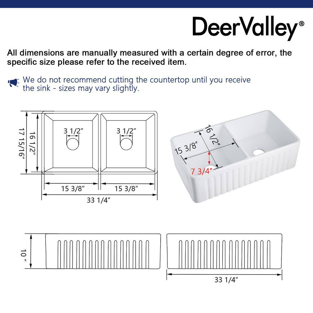 DEERVALLEY Eclipse White Ceramic 33 in. L 5050 Rectangular Double Basin Farmhouse Apron Kitchen Sink with Grid and Strainer DV-1K028