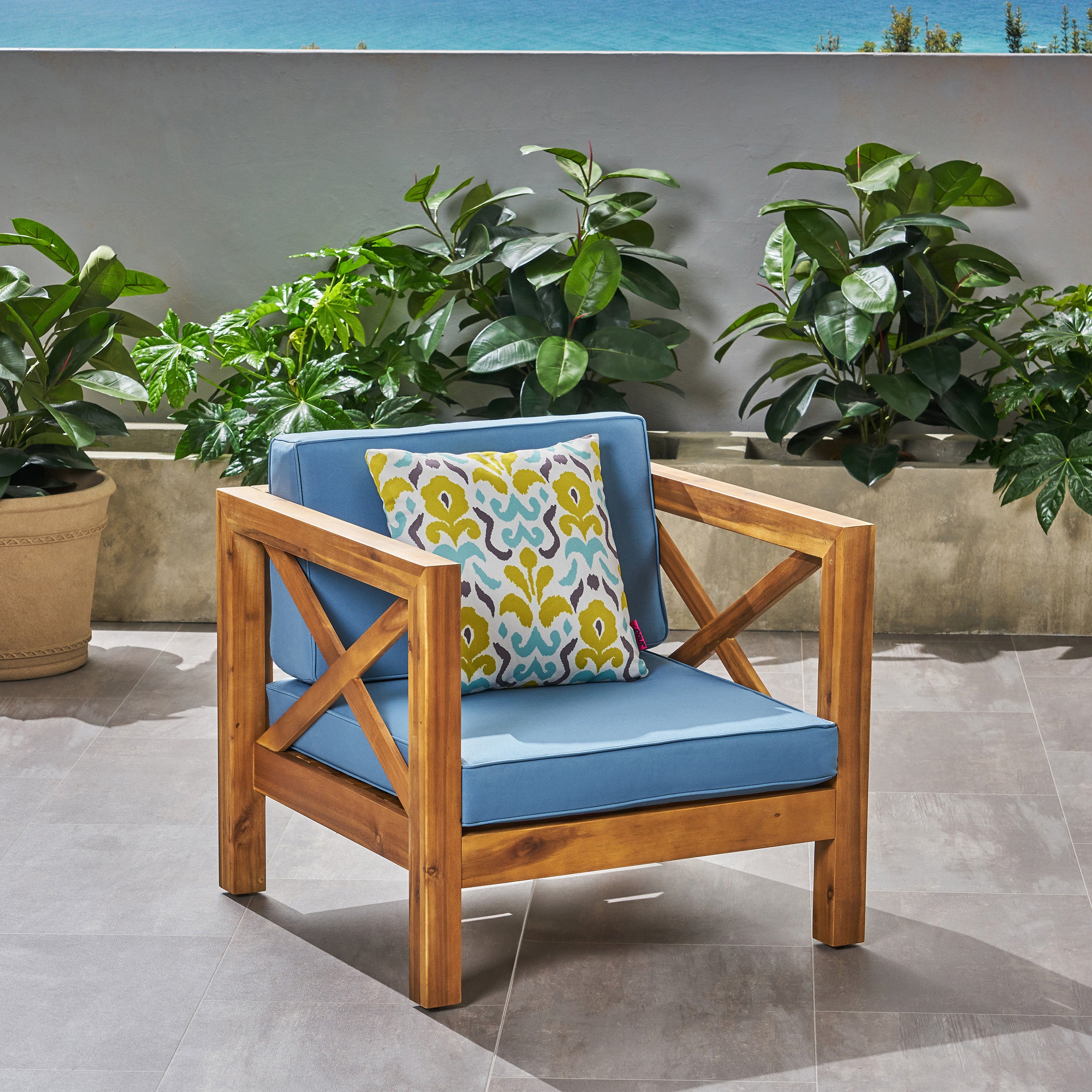 Indira Outdoor Acacia Wood Club Chair with Cushion