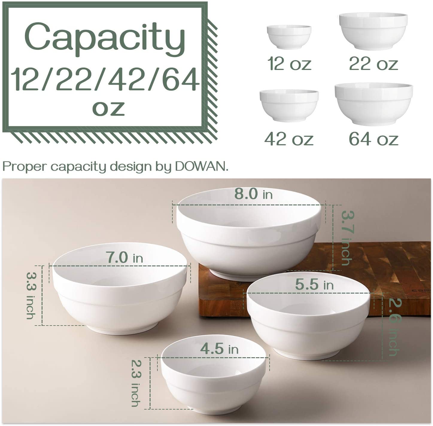 DOWAN Porcelain Serving Bowls， Large Serving Bowl Set， 64/42/22/12 Ounce White Ceramic Bowls， Prep Bowls for Kitchen， Scratch Resistant， Oven and Microwave and Dishwasher Safe