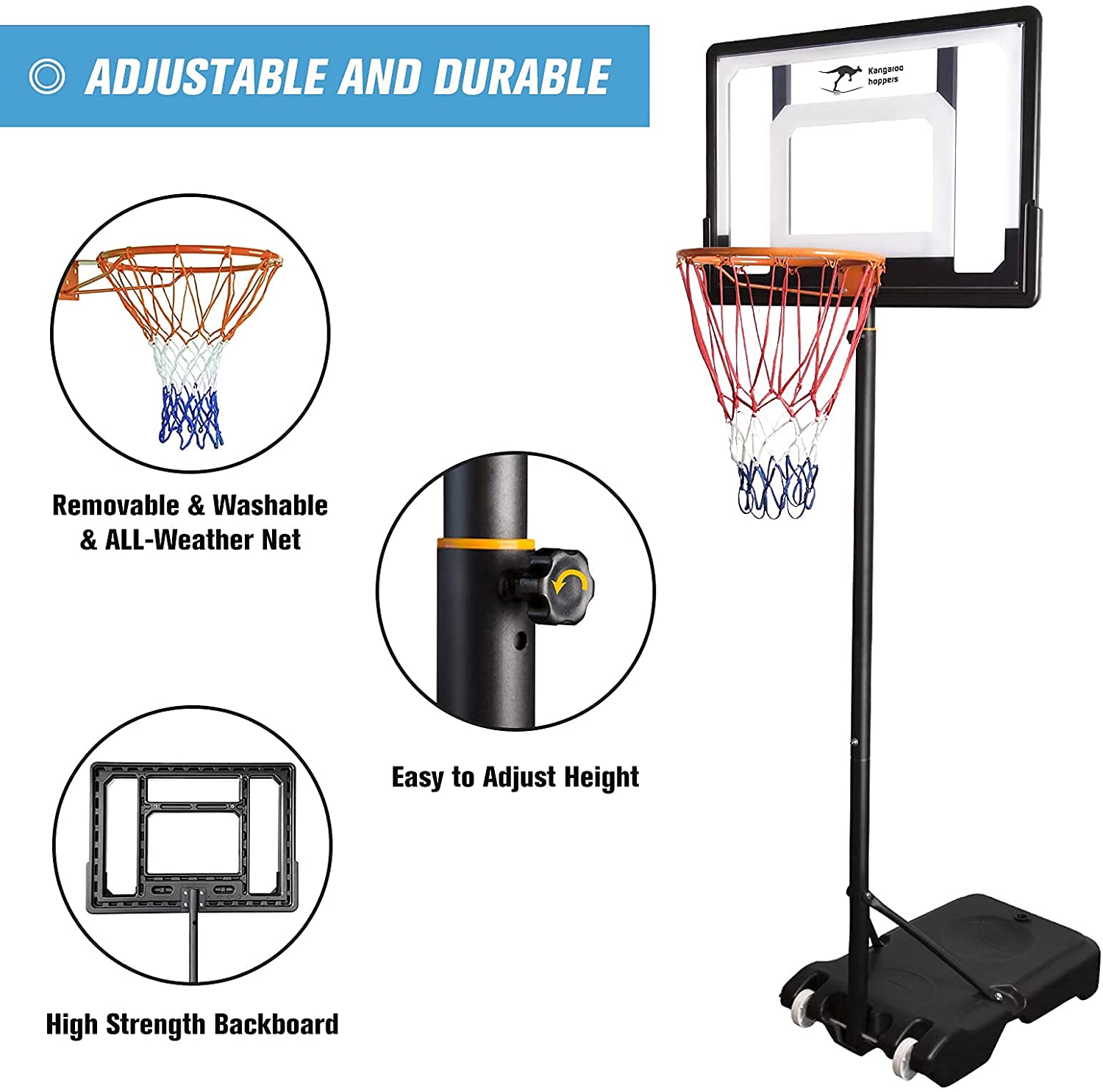 Kangaroo Hoppers 5FT- 6.8FT Height Adjustable Portable Basketball Hoop for Kids， Basketball System with Wheels for Indoor and Outdoor