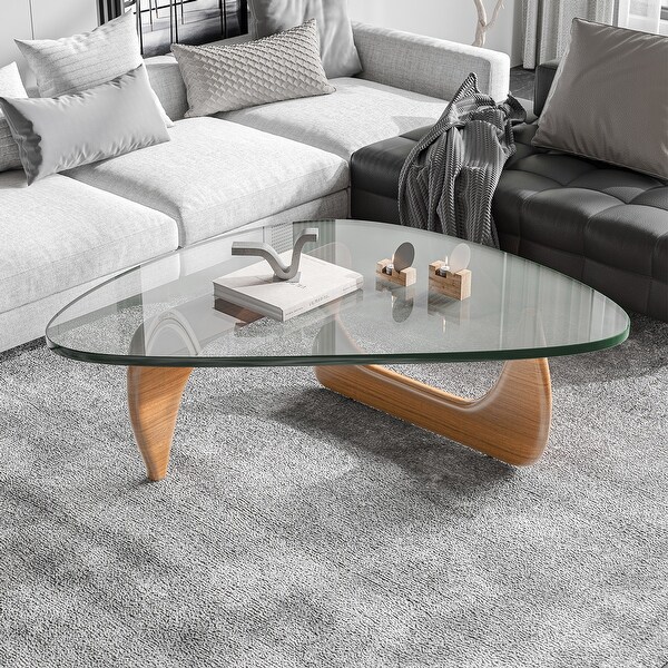 Noguchi Modern Triangle Glass Coffee Table Cherry Wood Base