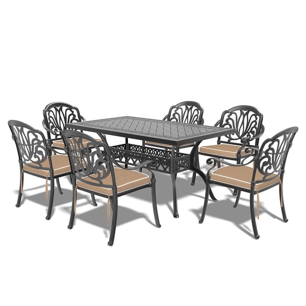 5/7Piece Cast Aluminum Outdoor Dining Set with 59.06'' L X 35.43'' W Rectangular Table and Random Color Seat Cushions