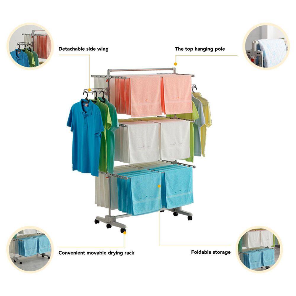 Hulife 57 12 in. x 56 12 in. 3-Tier Foldable Drying Garment Rack with Hanging Pole HLDR-6000P