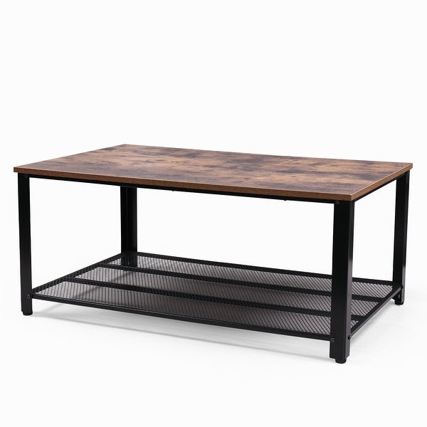 Retro Industrial Coffee End Table with Storage Mesh Shelf