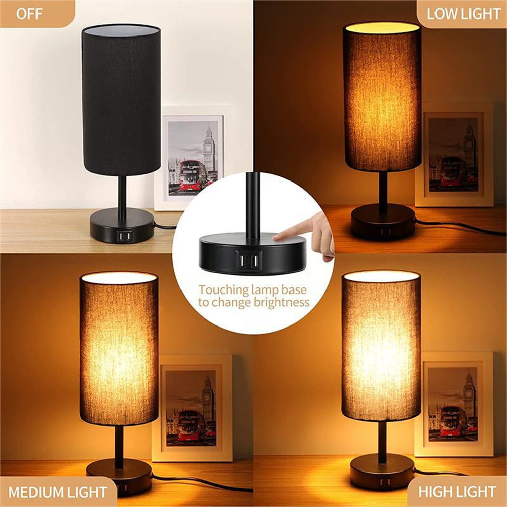 Bedside Lamp with USB Port - Touch Control Table Lamp for Bedroom Wood 3 Way Mountdog Dimmable Nightstand Lamp with Round Flaxen Fabric Shade for Living Room Black