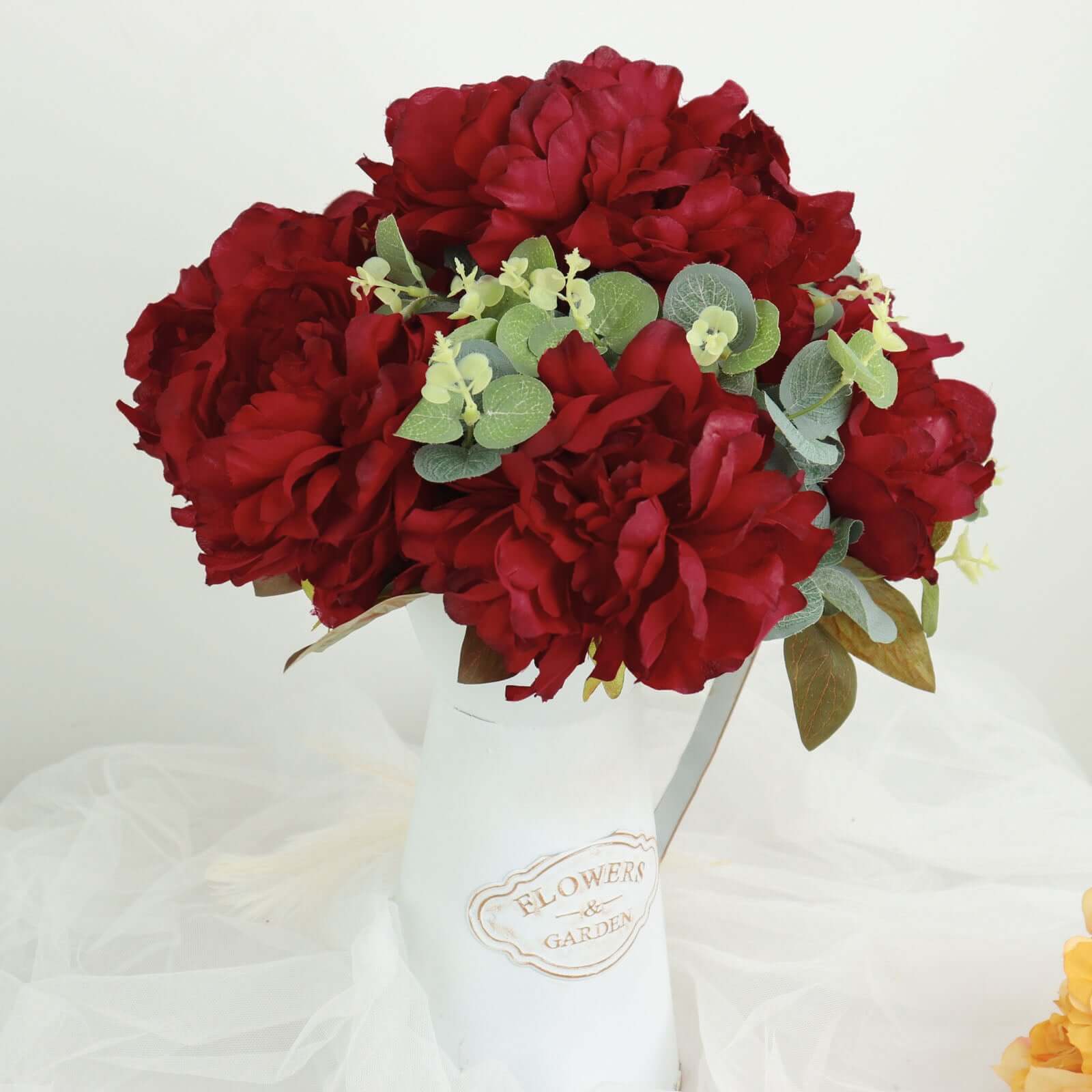 2 Bushes Burgundy Artificial Silk Peony Flower Bouquets, Real Touch Peonies Spray 17