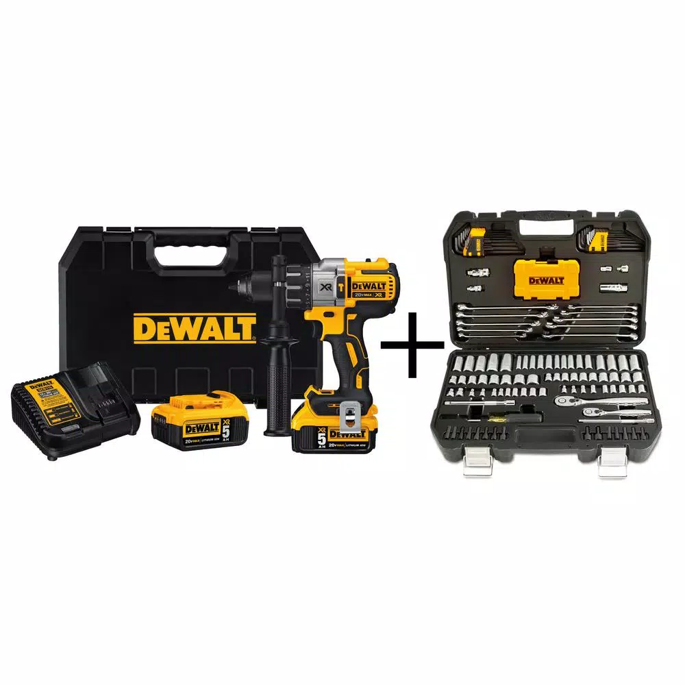 DEWALT 20-Volt MAX XR Cordless Brushless 3-Speed 1/2 in. Hammer Drill， (2) 20-Volt 5.0Ah Batteries and Mech Tool Set (142-Piece) and#8211; XDC Depot