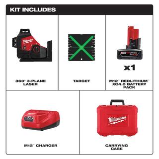 MW M12 12-Volt Lithium-Ion Cordless Green 125 ft. 3-Plane Laser Level Kit with One 4.0 Ah Battery Charger and Case 3632-21