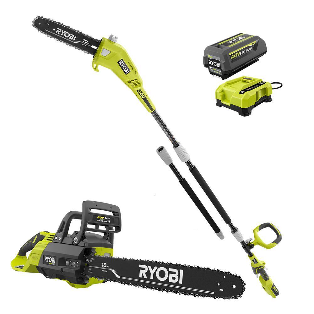 RYOBI 40V HP Brushless 18 in. Cordless Battery Chainsaw and 10 in. Cordless Battery Pole Saw with 5.0 Ah Battery and Charger RY40580-PS