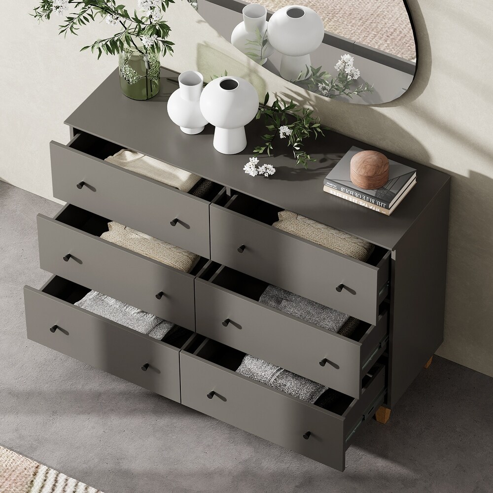 6 Drawers Dresser for Bedroom  Wooden Wide Chest of Drawers