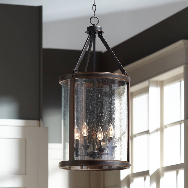 Wide Industrial Rustic Clear Seeded Glass 4 light Fixture For Dining Room Kitchen Island