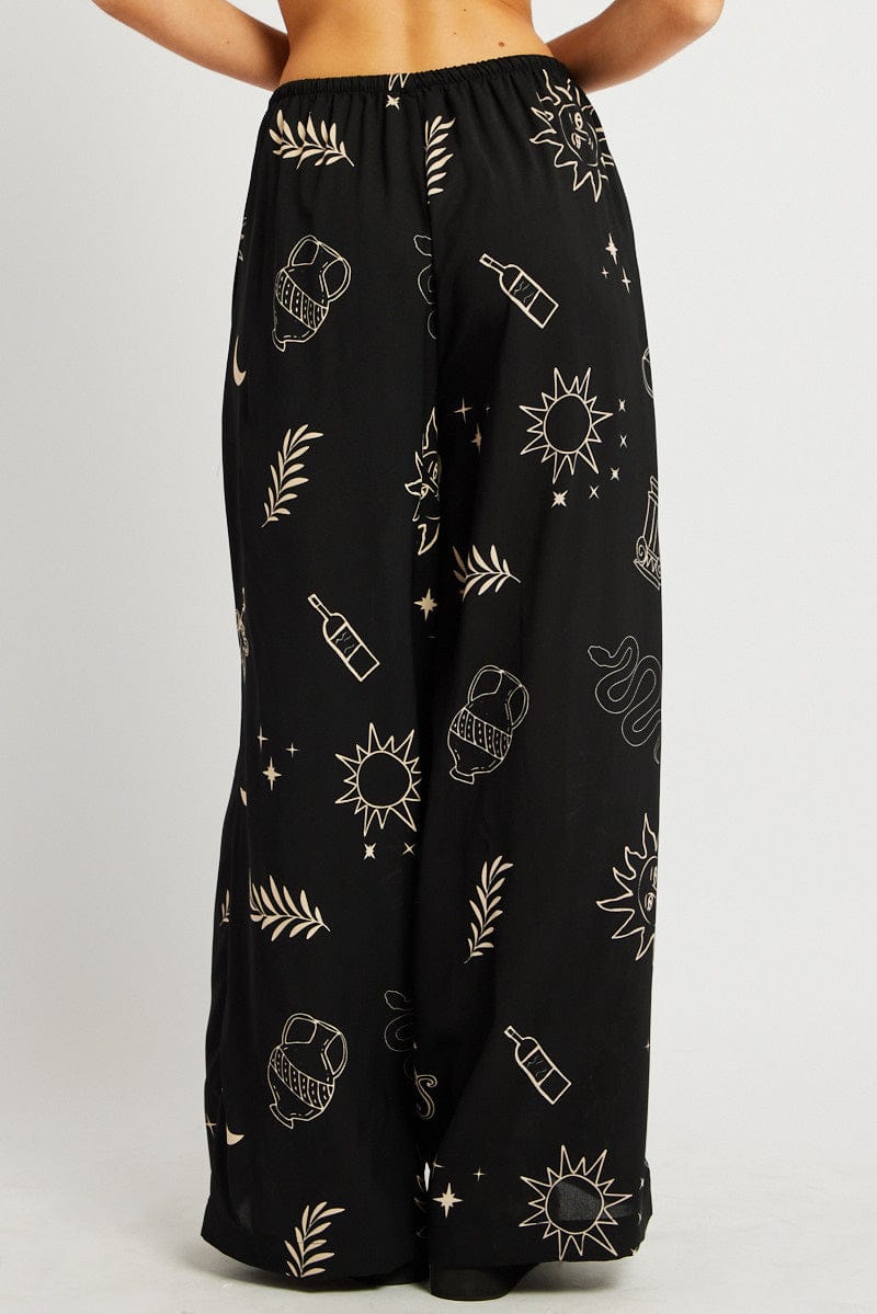 Black Abstract Wide Leg Pants High Rise
