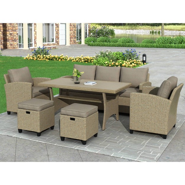 6pc Outdoor Wicker Conversation Set With Arm Chairs Sofa Ottomans amp Coffee Table Brown Godeer